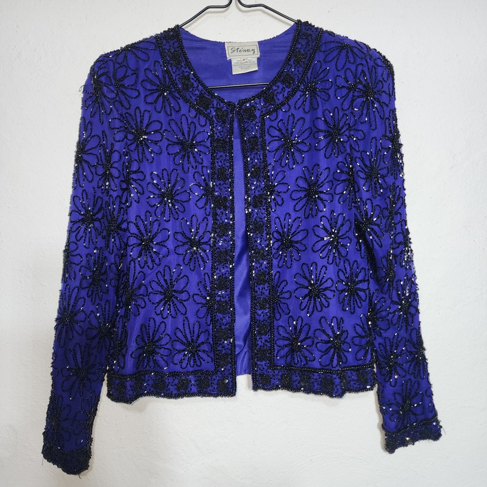 Stenay Beaded Silk Jacket Small Purple 90s Vintage Floral Sequin Open Front
